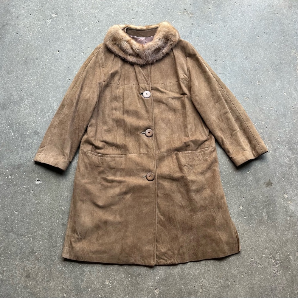 Vintage 60s Suede Coat w/ Real Fur Collar Brown Mid Century Size 18